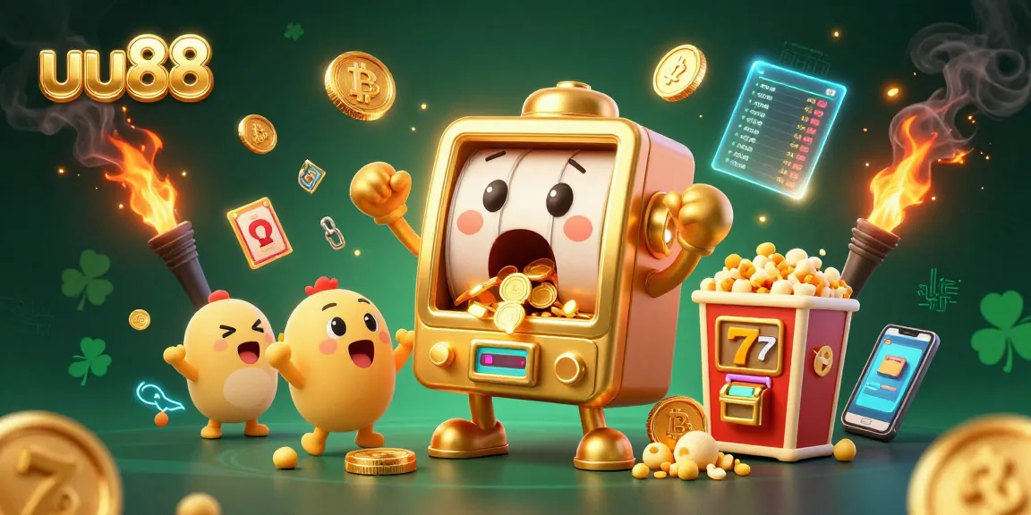 uu88 slot machine hits jackpot with coins pouring out, surrounded by fun gaming elements and crypto coins.