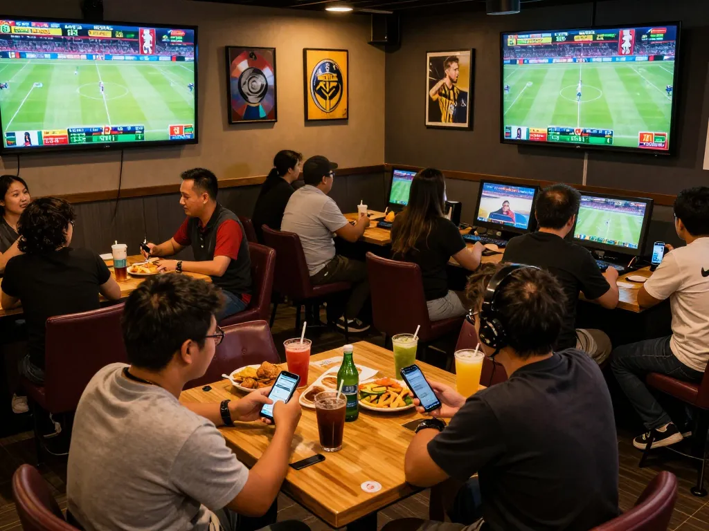 Engaged fans placing bets at uu88 com during a live sports event, showcasing excitement and camaraderie.