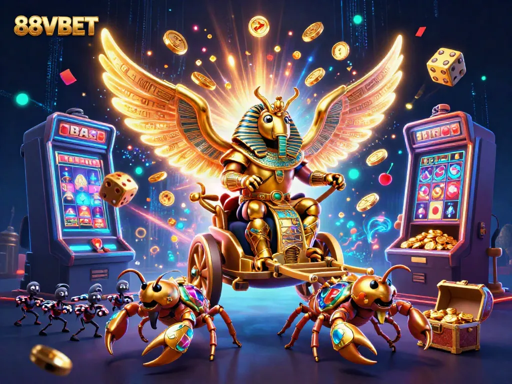 Experience the excitement of 88VBET with a dazzling 3D casino illustration featuring thrilling slot machines and golden jackpots.