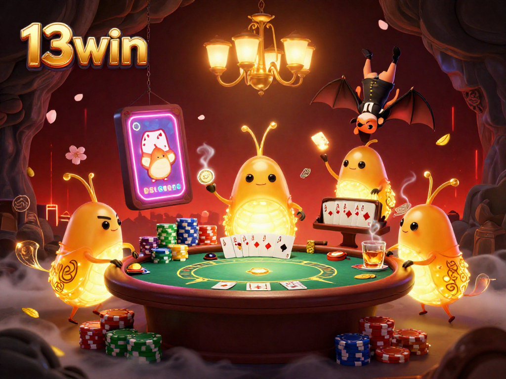 Experience the thrilling ambiance of 13win's cave casino filled with vibrant glowworms and poker action.