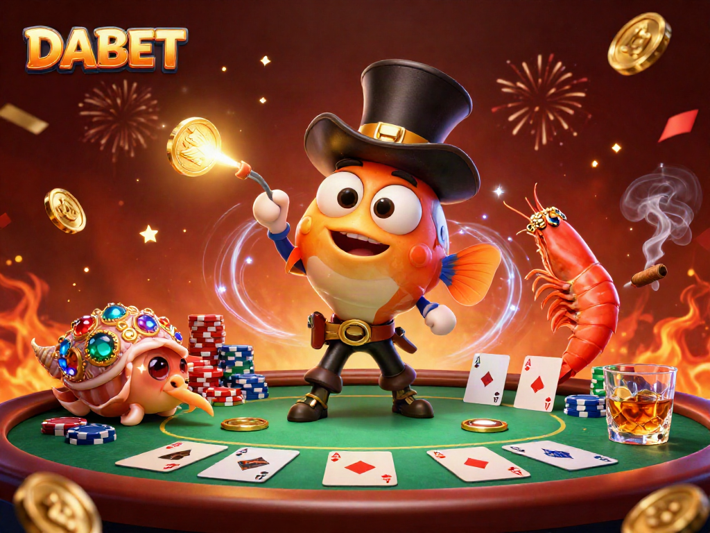 DABET showcases a lively casino scene with an anglerfish attracting golden coins amidst poker elements.