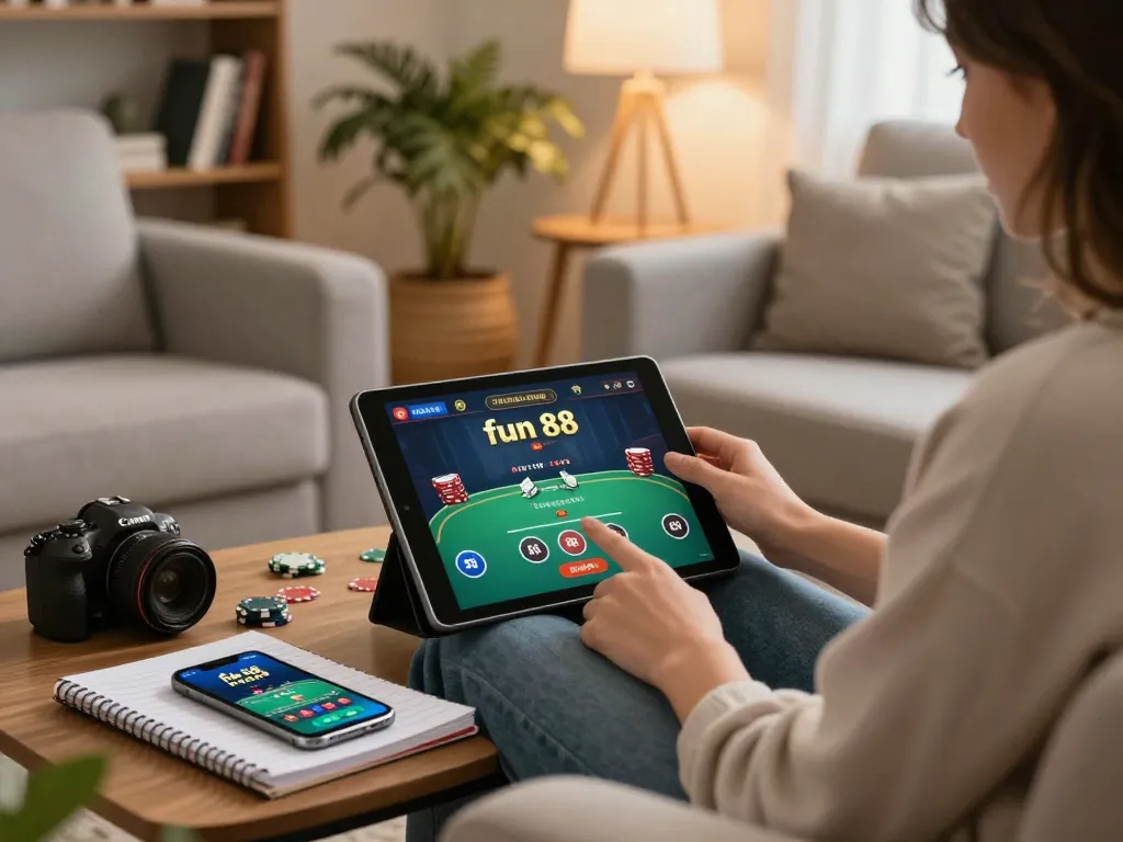 Player engaging with fun 88 online casino poker app on tablet in a cozy home setting.
