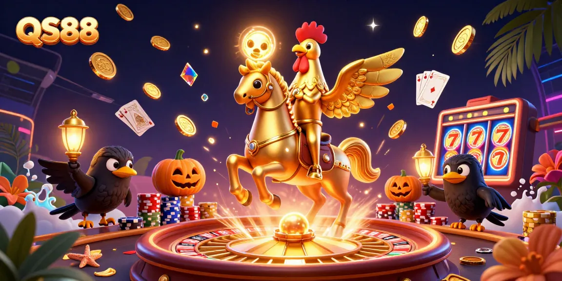 Experience thrilling casino action with QS88, showcasing a golden rooster amidst vibrant gaming elements.