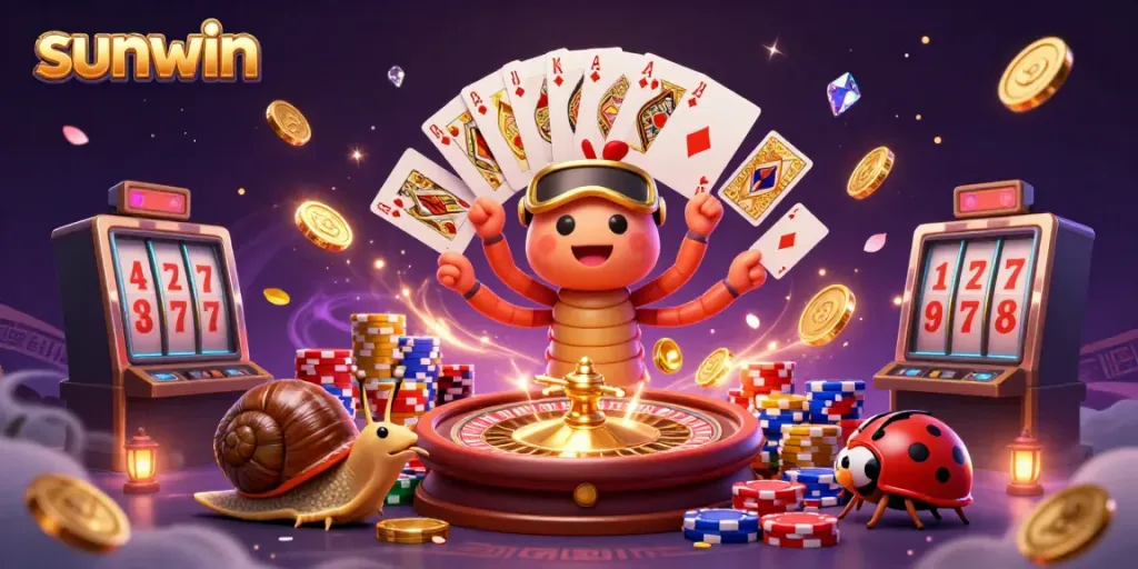 Experience the excitement of sunwin with a captivating casino scene featuring animated playful characters and vibrant game elements.