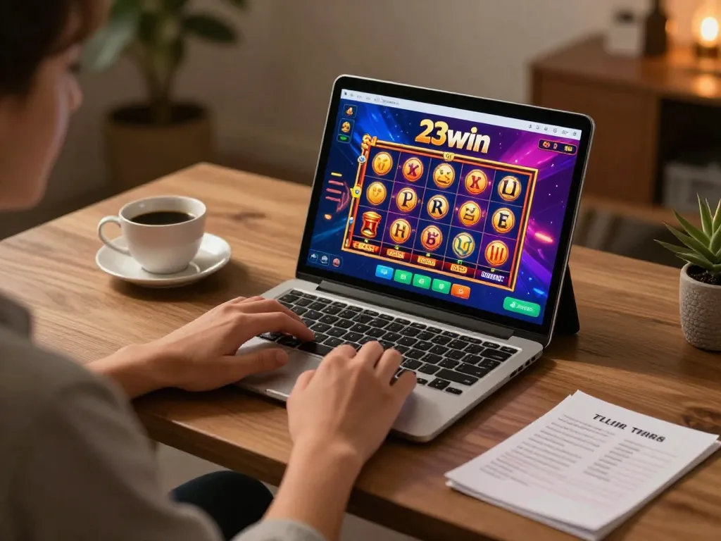 Player engaging with 23win's online casino slot game on a tablet at home.