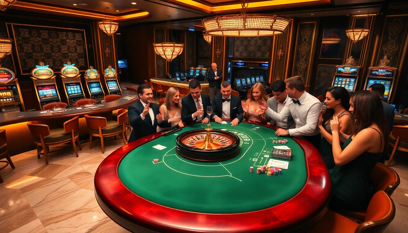 Engaging players at a luxurious RED88 casino table, showcasing lively poker action and elegant decor.