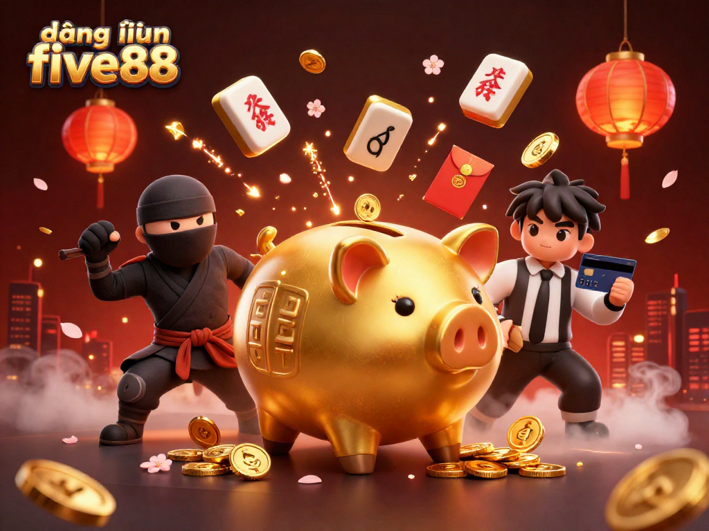 Experience đăng nhập five88 with a dynamic 3D scene featuring casino elements and characters celebrating wins.