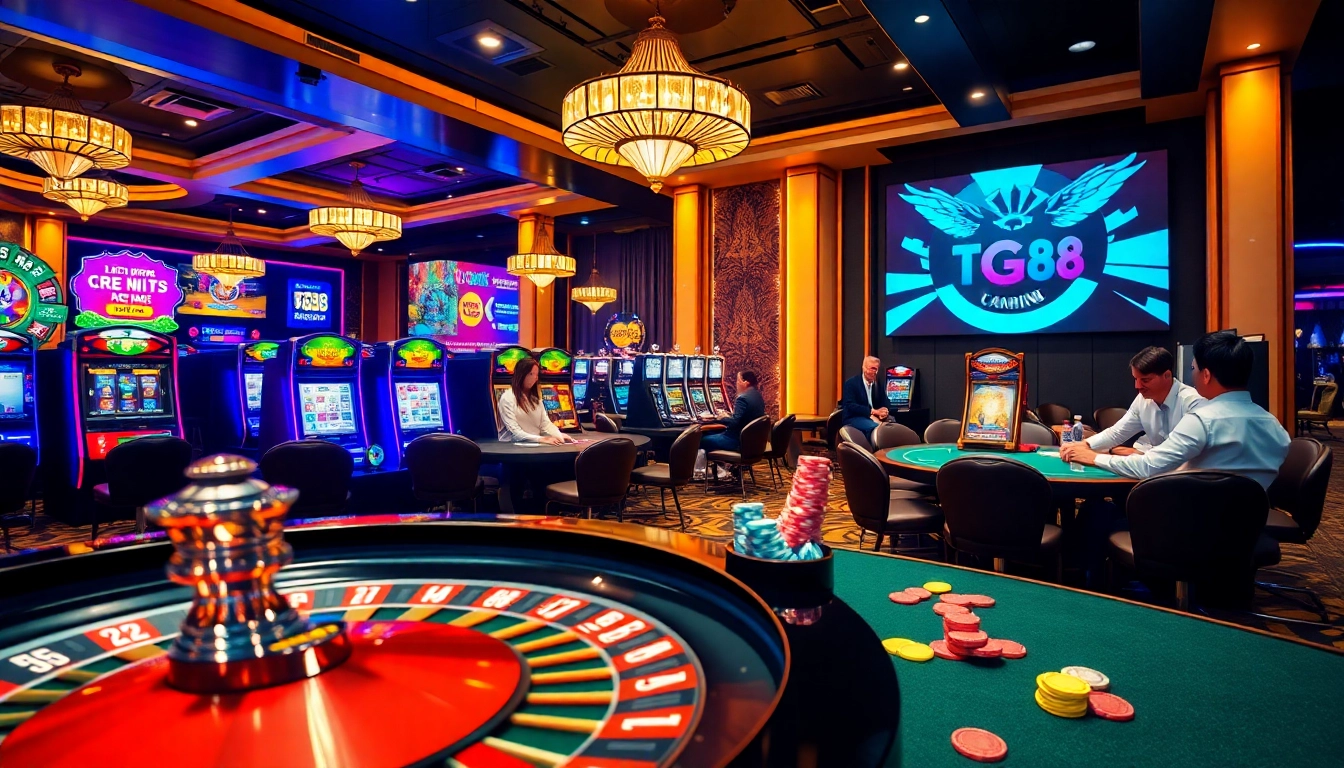 Engaging scene of tg88 casino action with players at roulette and poker tables.