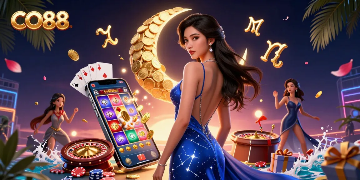 Experience the excitement of CO88 with vibrant slot games, spinning reels, and gold coins.
