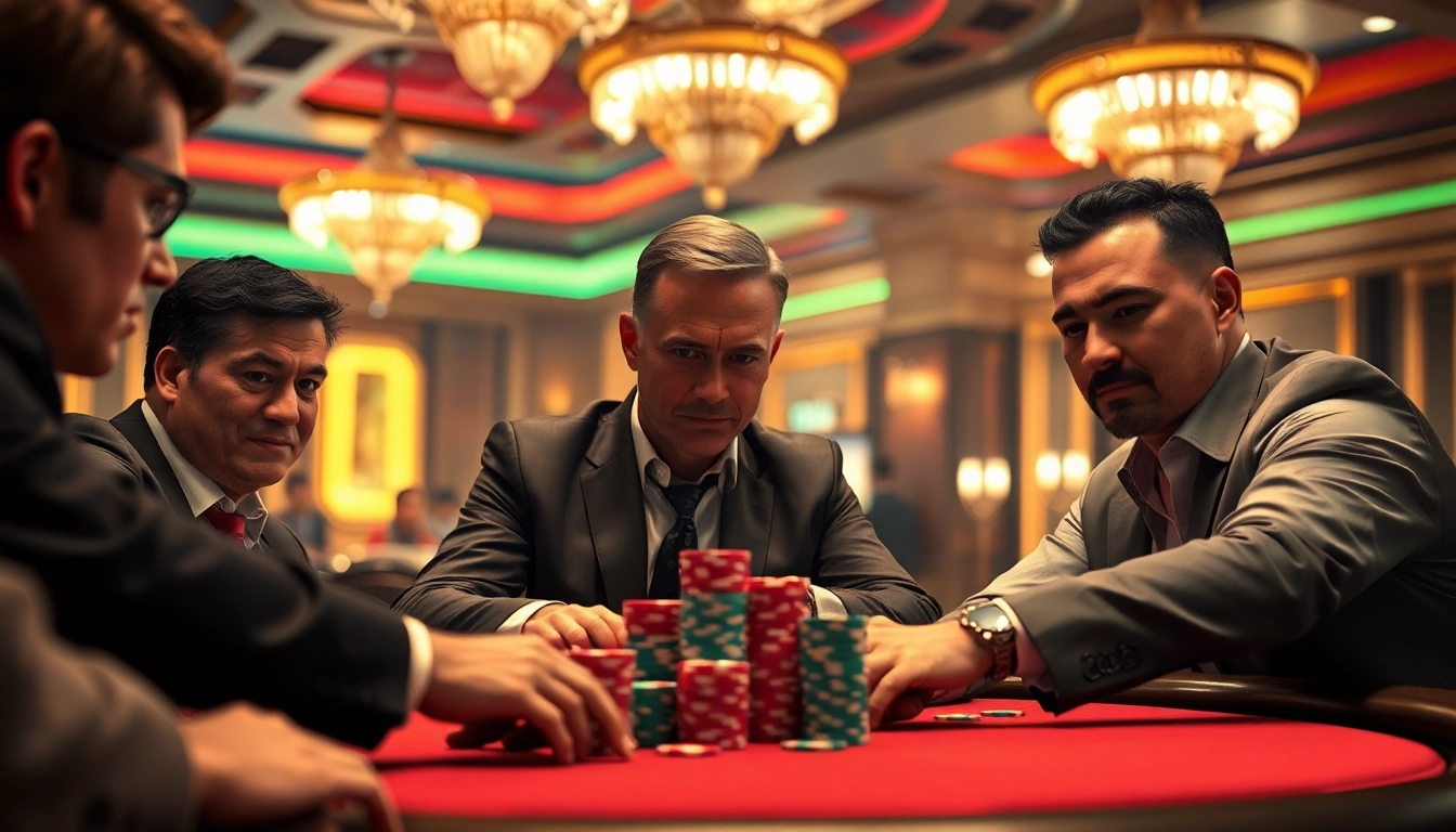Intense poker players illustrating Gambling Intelligence with dramatic lighting in a luxurious casino.