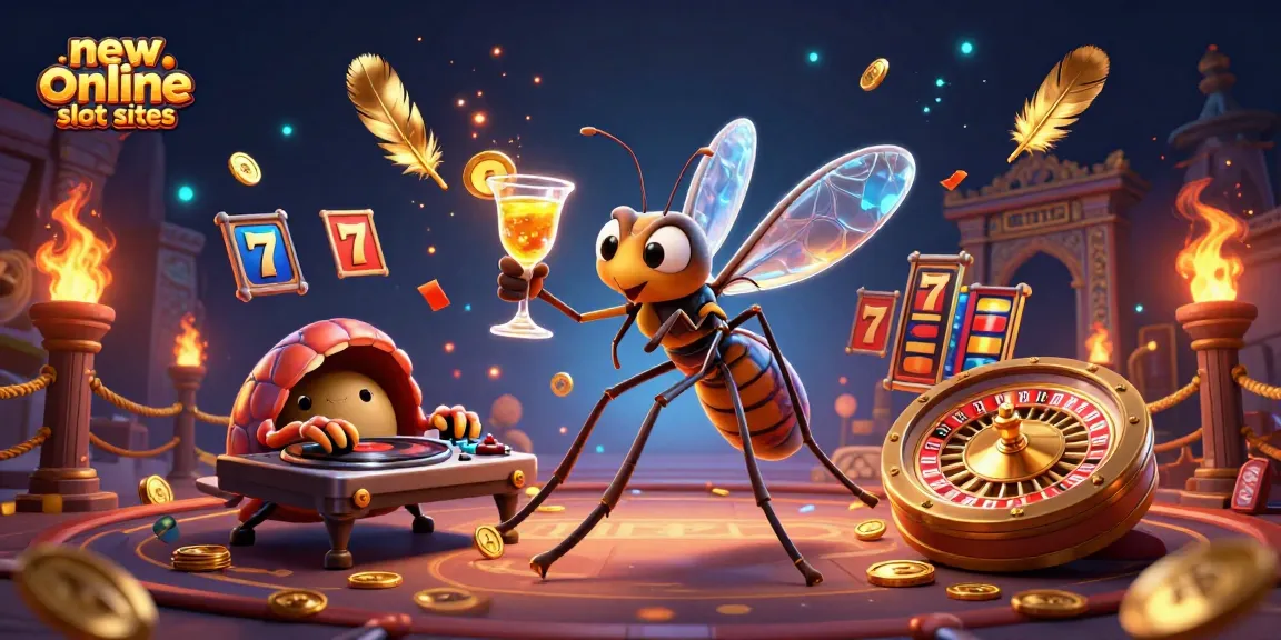 Engage with new online slot sites featuring dynamic characters and elements in a rich casino-themed illustration.