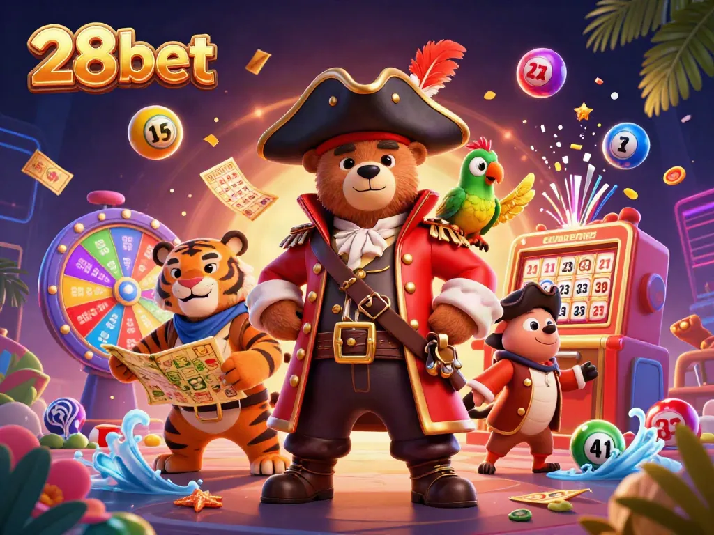 Engage with the vibrant world of 28bet, featuring a pirate bear, tiger, and parrot amidst a dynamic gaming celebration.