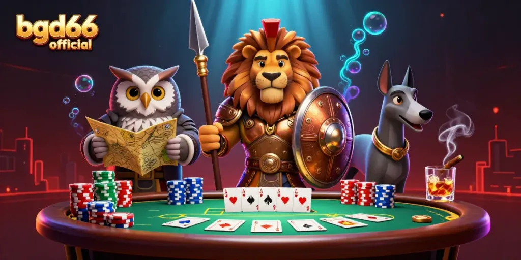 Engage in dynamic poker action with bgd66 official as Spartan lion leads and owl strategizes.