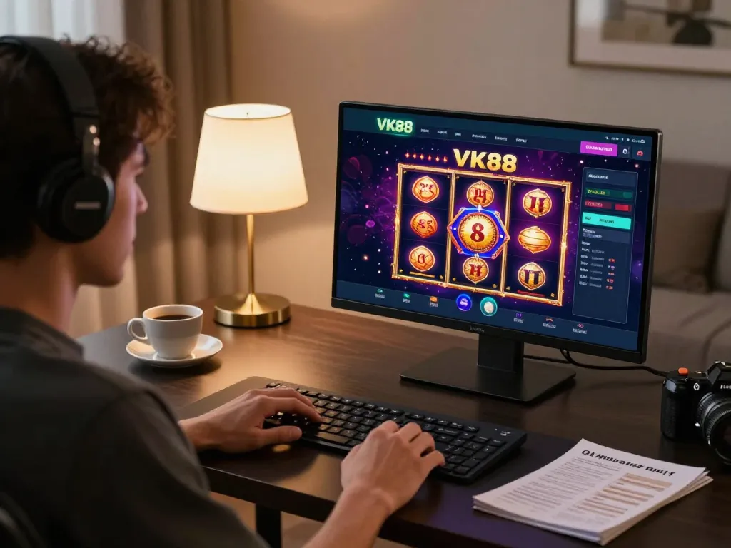 Player engaging with VK88 casino app on tablet, showcasing vibrant gaming graphics in a cozy home setting.