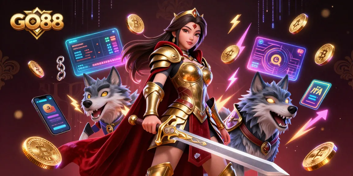 Experience thrilling gameplay at GO88 with a captivating warrior queen and her armored wolf companion.