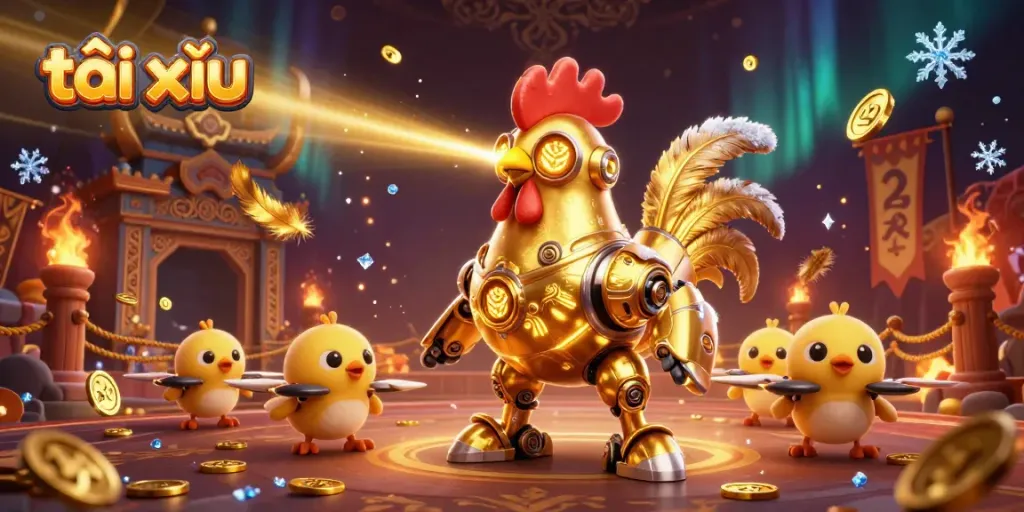 Engage in精彩的tài xỉu gameplay with a golden futuristic rooster and chick drones amidst vibrant casino elements.