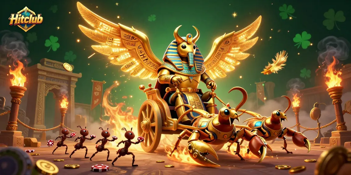 Hitclub players dive into vibrant gambling with a golden scarab beetle and scorpions at a thrilling arena.
