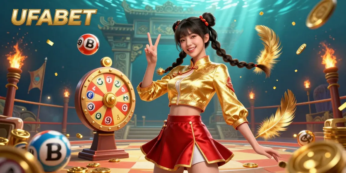 Experience the thrill of UFABET with a vibrant casino scene featuring a lively jackpot celebration and dynamic gaming elements.