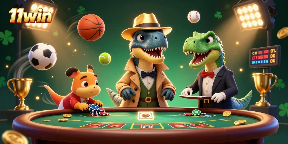 Experience thrilling action at 11win with cartoon velociraptor card counter and exciting sports betting elements.