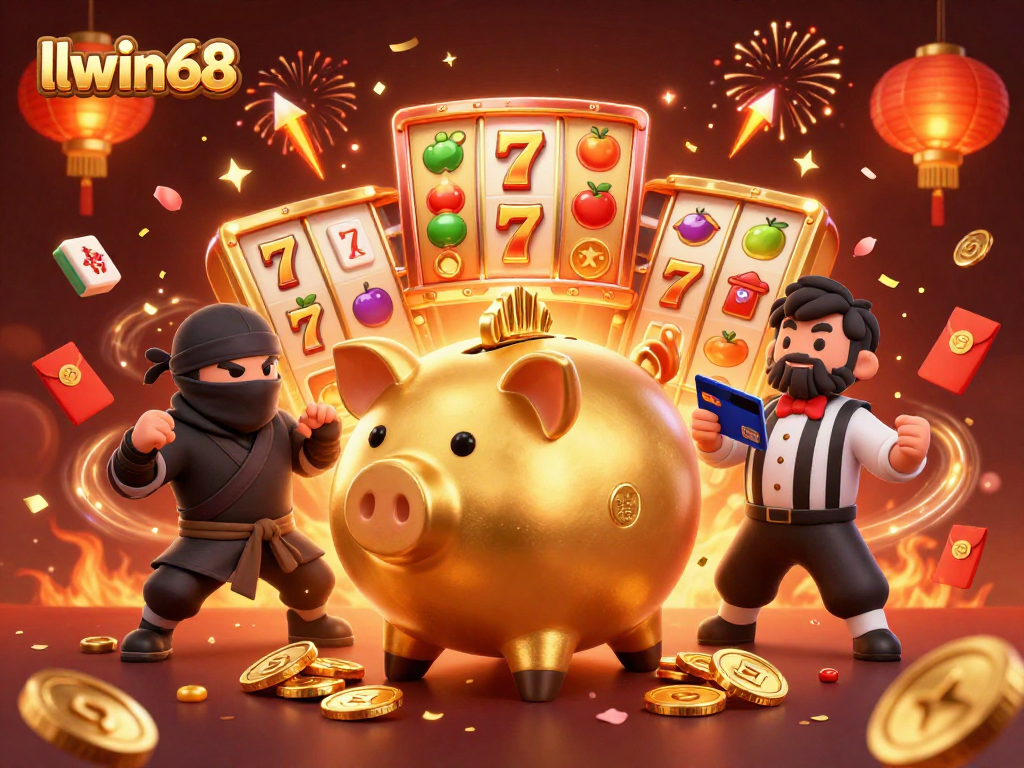 Experience the excitement with llwin68 as a golden piggy bank sumo wrestler stomps, unleashing coins in this vibrant 3D scene.