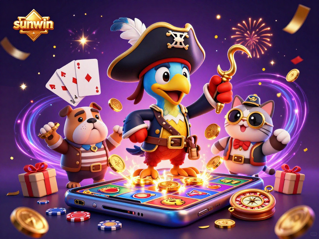 Experience the excitement of sunwin slots with vibrant characters and casino elements.