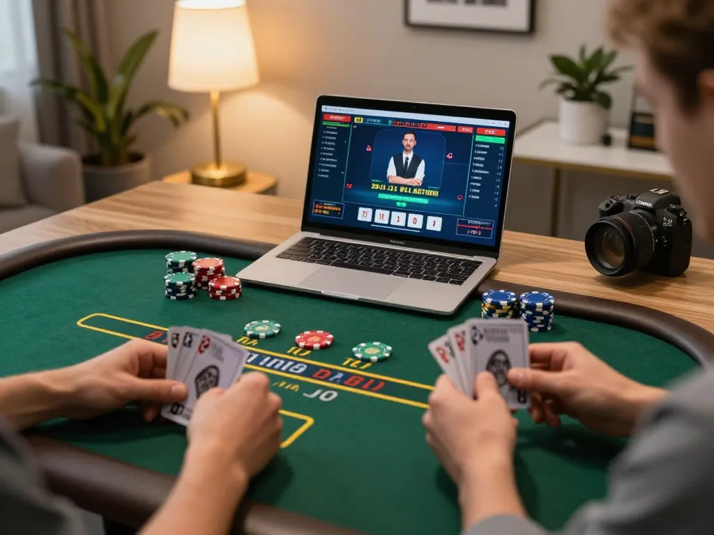 Engaged player enjoying an online blackjack game at home with twiin68 platform, showcasing chips and cards.