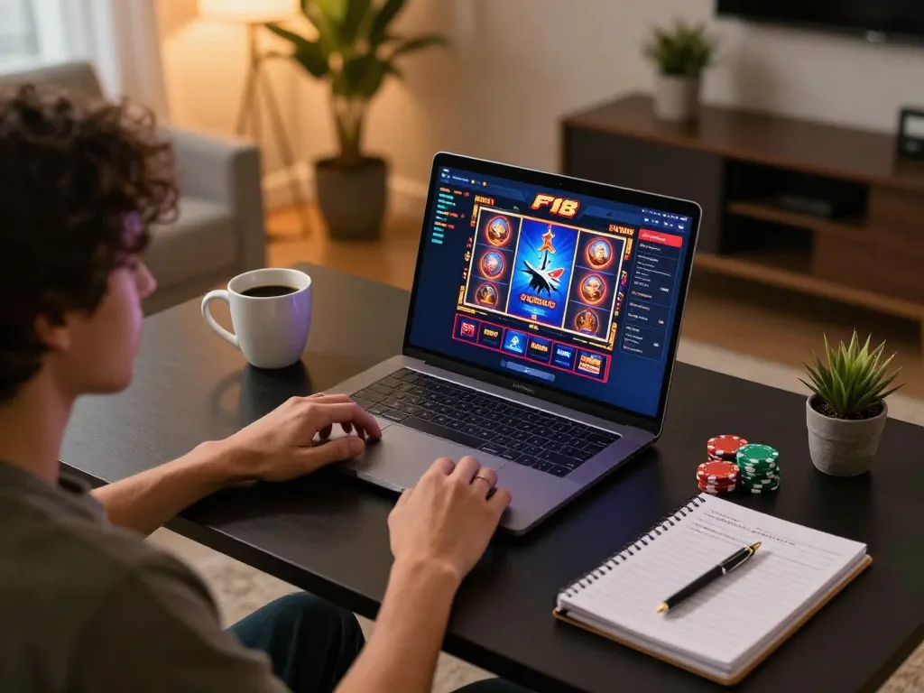 Engaging online casino session on F168 with laptop, coffee, and strategy notes.