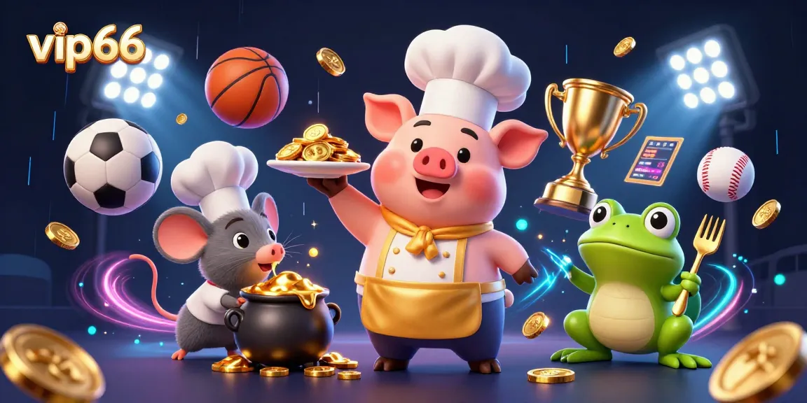 Engage in thrilling action at vip66 with a 3D cartoon chef pig serving gold coins amidst vibrant gaming elements.