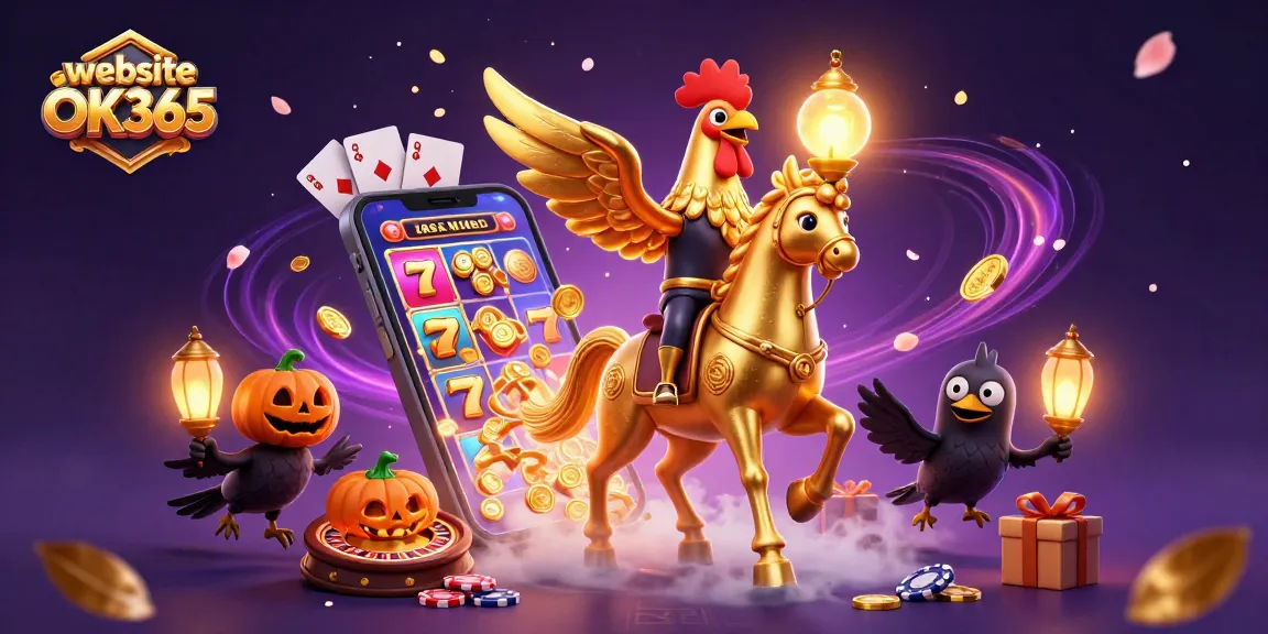 Experience the thrill at website OK365 with a golden rooster in a midnight casino scene filled with vibrant game elements.