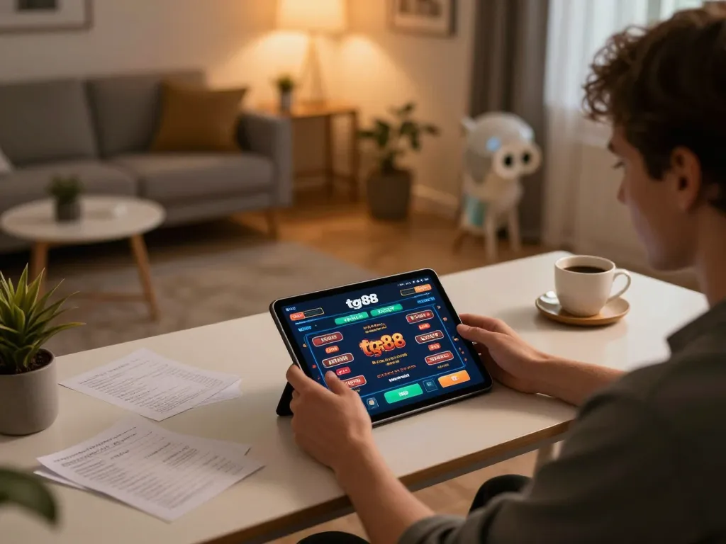 Engaging with the tg88 casino app on a tablet while managing strategic notes in a cozy home setup.