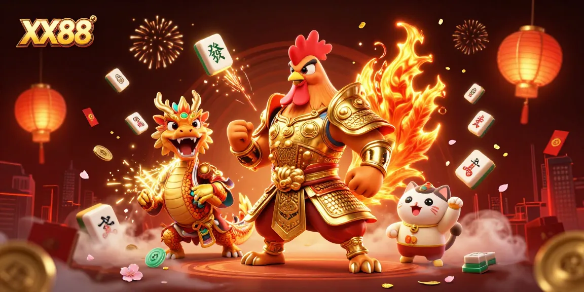 Engage with XX88, featuring a powerful rooster warrior, a dragon hatchling, and a fortune cat in a lively casino-themed illustration.