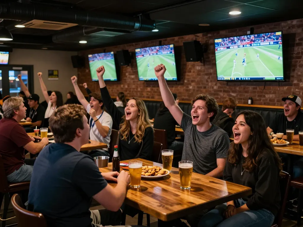 Socolive users enjoying a thrilling sports event in a lively sports bar atmosphere, capturing excitement and camaraderie