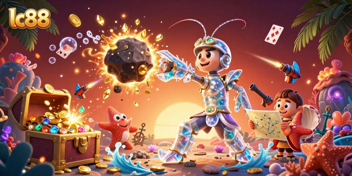 Engage in thrilling lc88 casino action with a galactic samurai shrimp surrounded by treasures and winning elements.