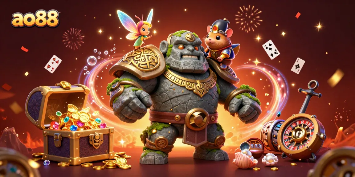 Engaging scene featuring ao88 with magical characters and dynamic casino elements, celebrating excitement in online gambling.