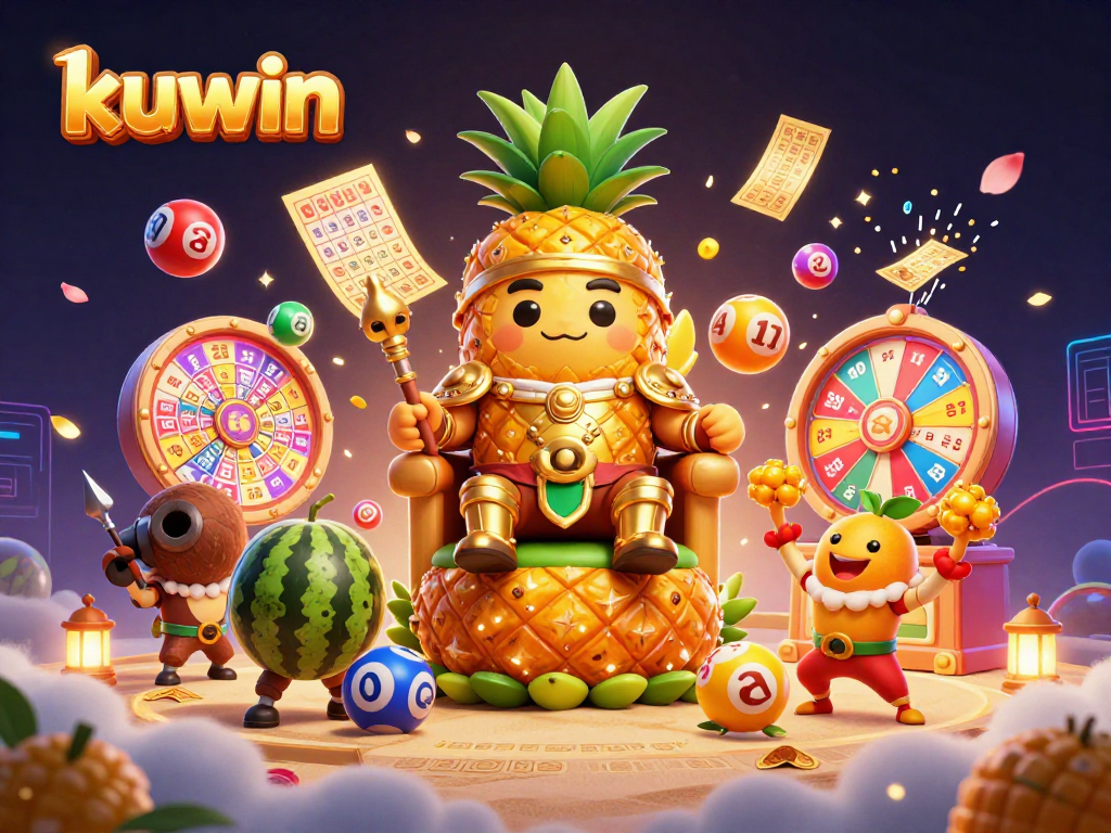 Engage with kuwin’s vibrant scene featuring colorful lottery balls, golden tickets, and casino-themed characters.