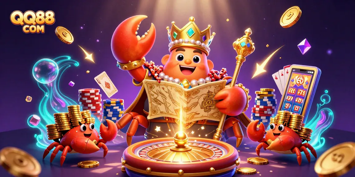 Experience the excitement of QQ88 COM with a vibrant 3D crab emperor holding treasures and casino elements.