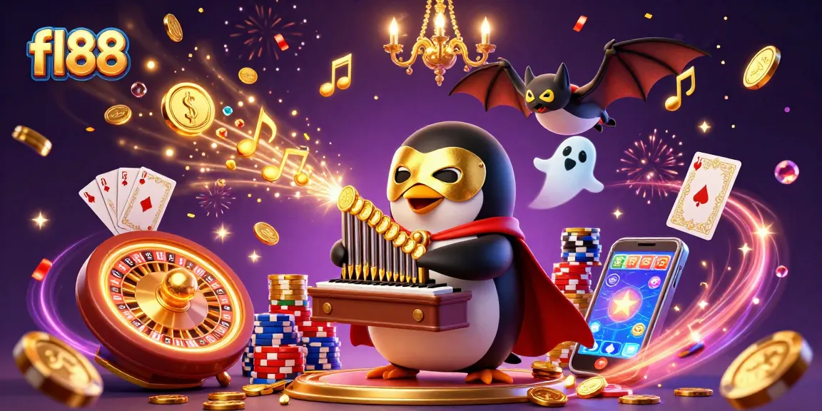 fl88 engages players with a thrilling 3D casino scene featuring a golden coin-shooting penguin and acrobat.