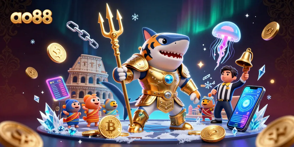 Experience the thrill of ao88 with a battle-ready shark gladiator in an underwater casino, testing luck and strategy.