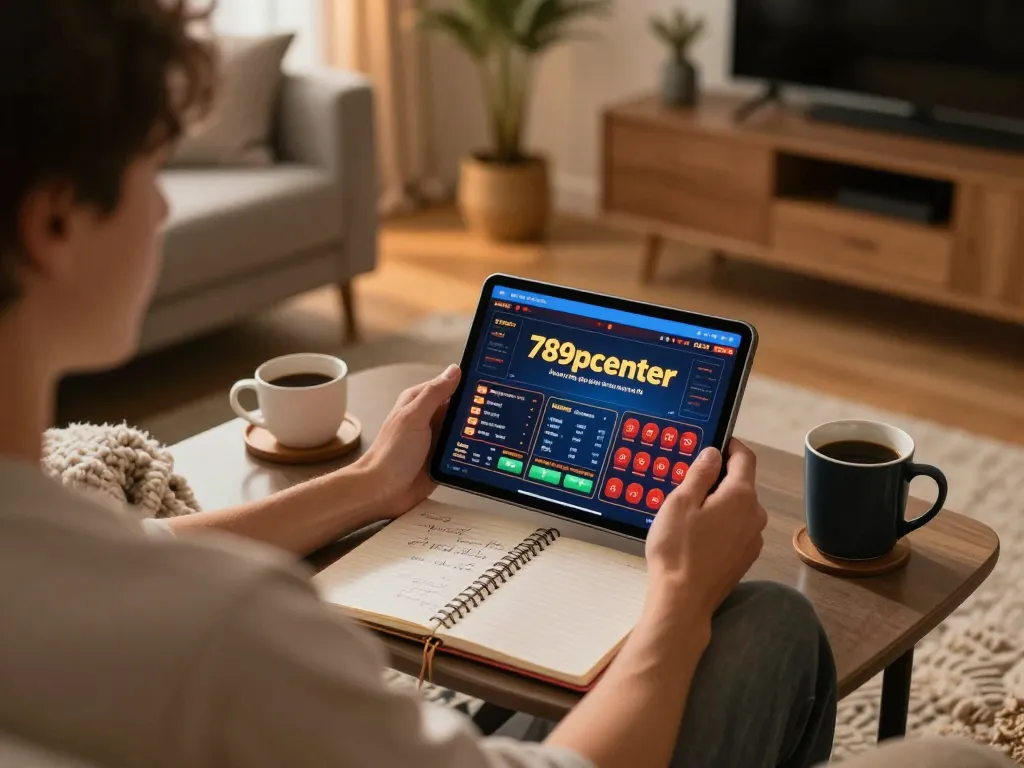 Engaging gaming scene showing user immersed in 789pcenter tablet interface, capturing online casino experience.