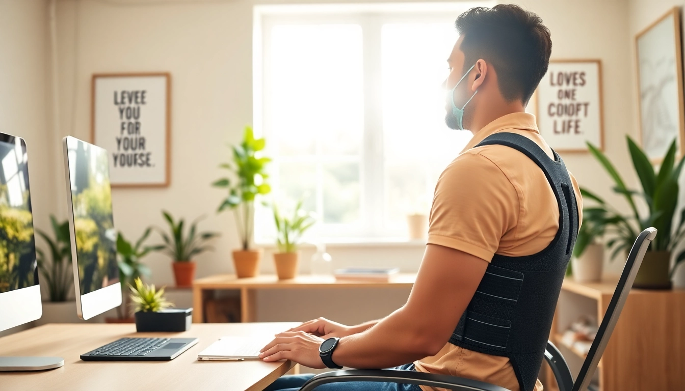 Person using a posture corrector while working at a desk to improve back alignment.