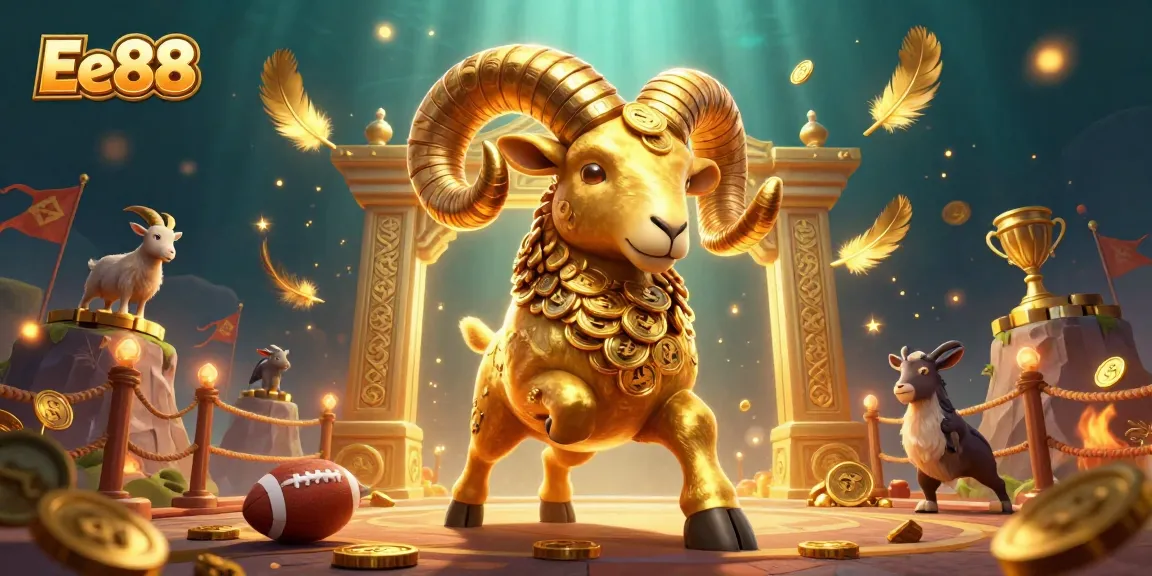 Experience thrilling sports betting with Ee88's golden ram in a vibrant 3D casino setting.