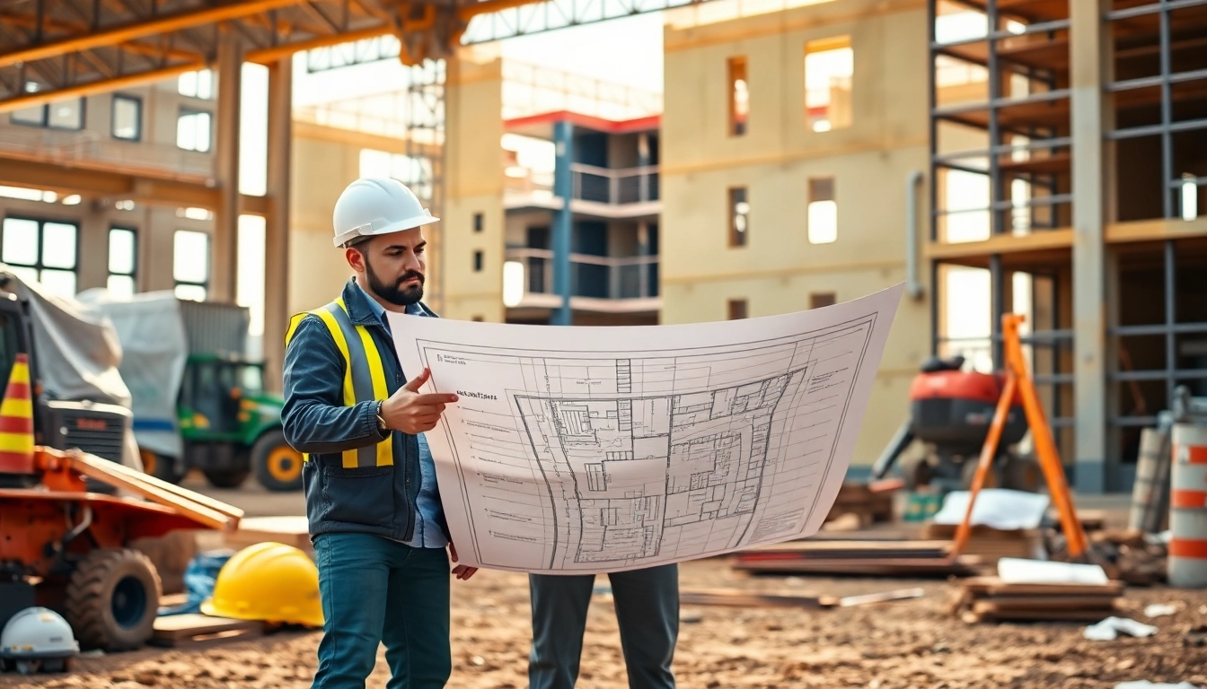 Construction advocacy professionals strategizing over blueprints in an outdoor building site.