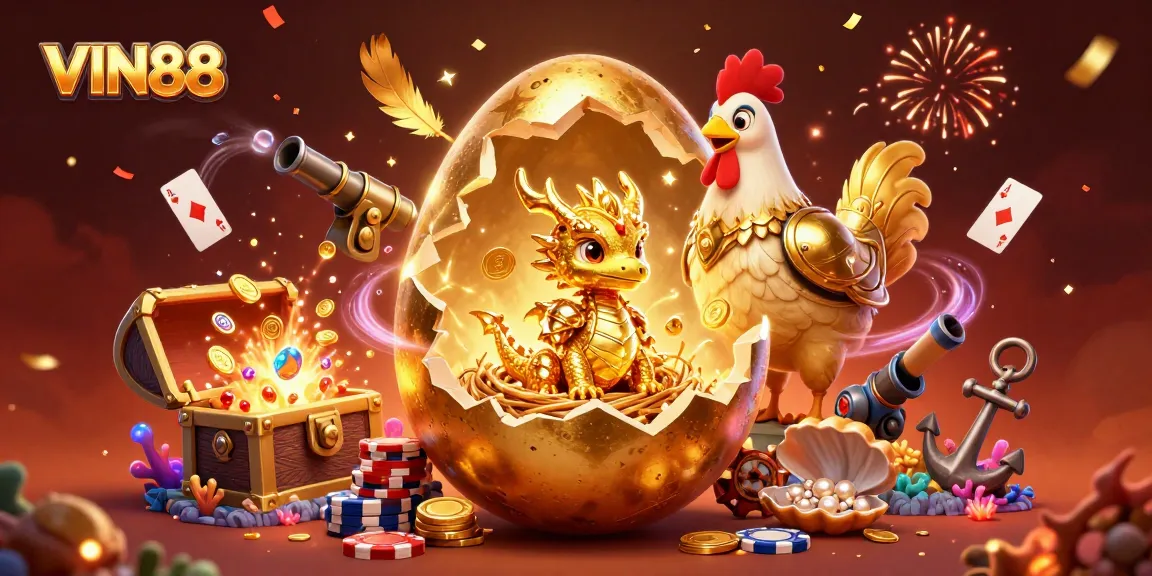 Experience excitement with VIN88 as the baby dragon emerges from the golden egg amidst poker chips and magical gems.