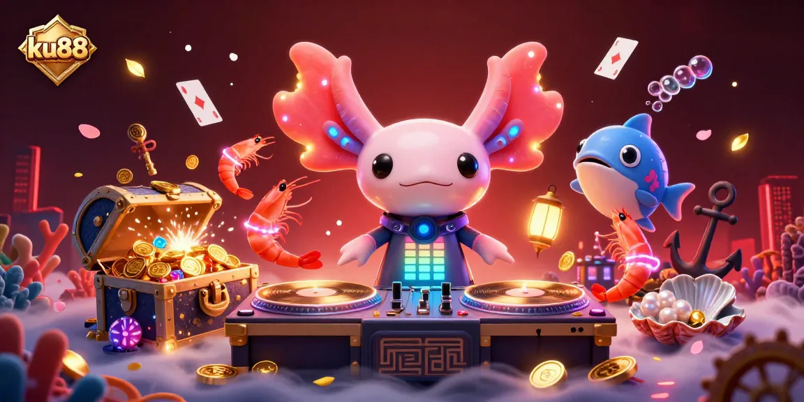 Experience thrilling gaming action in ku88’s vibrant underwater casino scene with animated axolotl DJ and glowing shrimp.