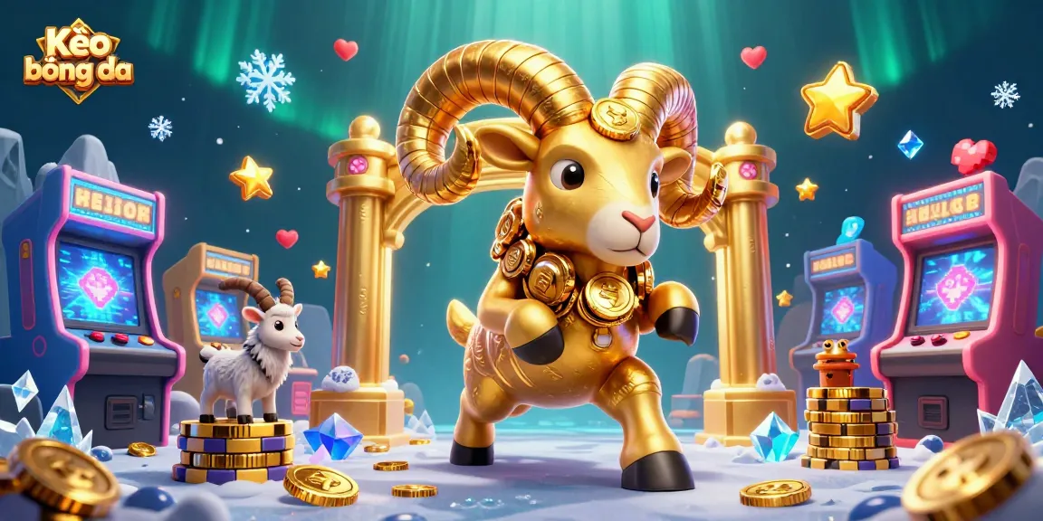 Kèo bóng đá features a golden ram charging through a casino scene full of excitement and gaming elements.