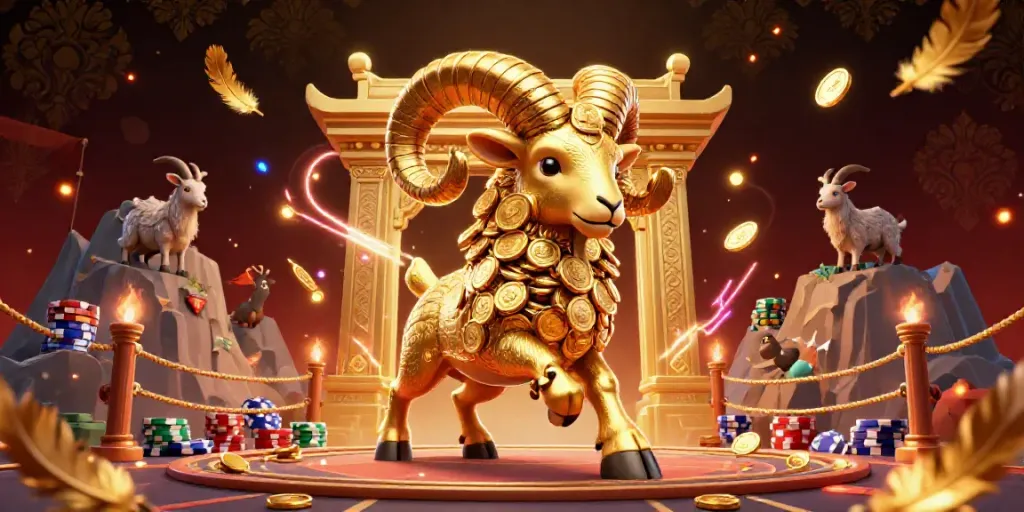 Kèo nhà cái showcases sports betting action with a golden ram charging through a temple gate, surrounded by casino chips.