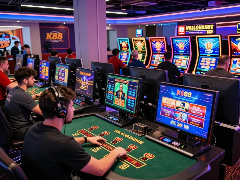 K88 online gaming atmosphere with players enjoying live slots and blackjack in a vibrant digital environment.