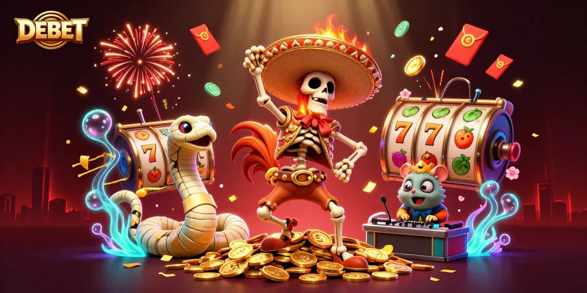 Engage in thrilling DEBET casino adventures with a festive scene full of joyful characters and captivating elements.