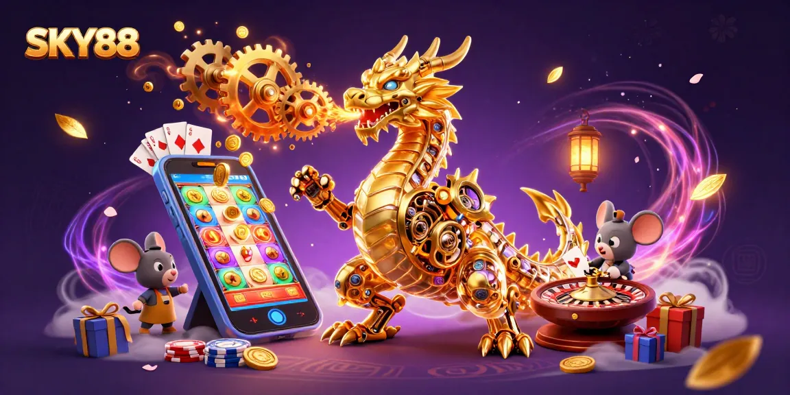 Experience thrilling gaming at SKY88 with a vibrant scene of a golden dragon and engaging casino elements.
