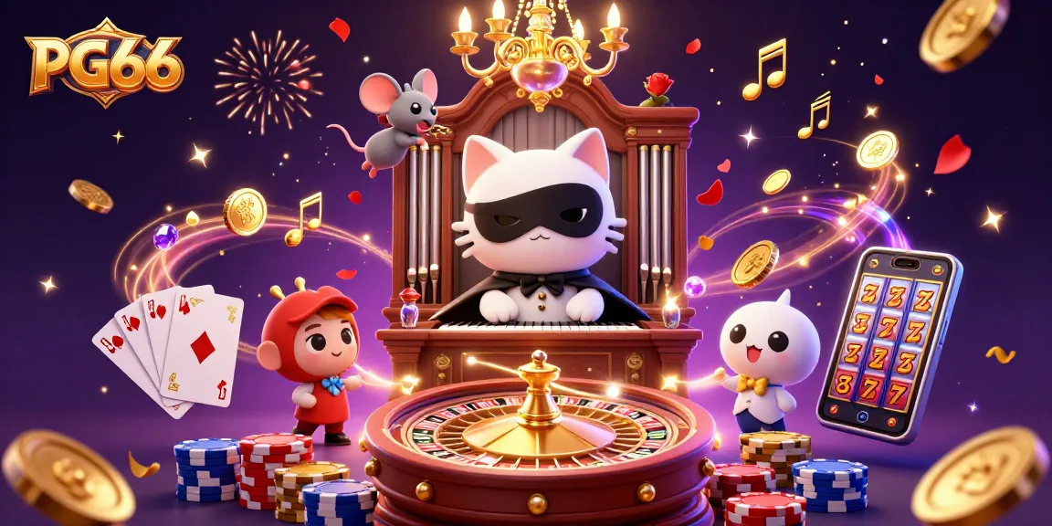 Experience excitement at PG66 with a dazzling casino scene filled with festive confetti and vibrant characters.